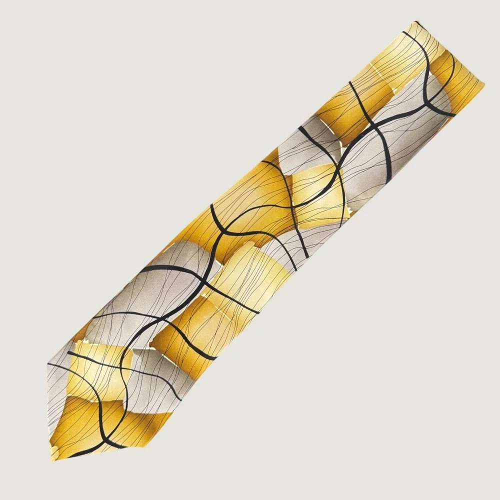 J. Garcia Moon Mountains Collection 51 Silk Tie Gold Grey Abstract Geometric